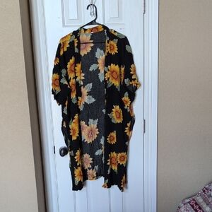 Sunflower Print Open Front Kimono Jacket - Black/Yellow